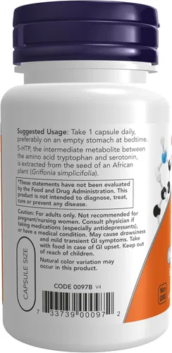 Vista 3 de NOW Suplementos, 5-HTP (5-hidroxitriptófano) 50 mg, soporte de neurotransmisores*, 30 cápsulas vegetales