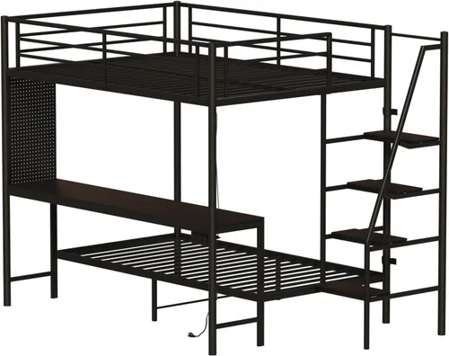 Vista 11 de KEIKI Litera Full sobre Twin con Estación de Carga, Cama Alta de Metal con Escritorio & Protector de Seguridad & Escaleras, Marco de Cama de Metal