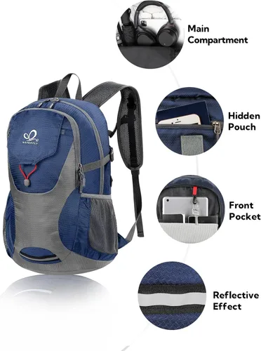 Vista 3 de WATERFLY Mochila de senderismo ligera y plegable, paquete de día 30L azul