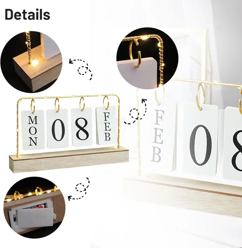 Vista 5 de Calendario perpetuo de madera abatible con soporte de metal dorado con papel calendario diario mensual con luz para la oficina diaria, decoración