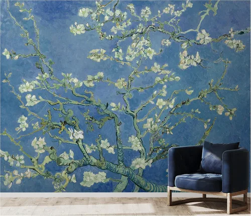 Vista 8 de Papel pintado de flor de almendra acuarela floral mural de pared (ESTILO 1)