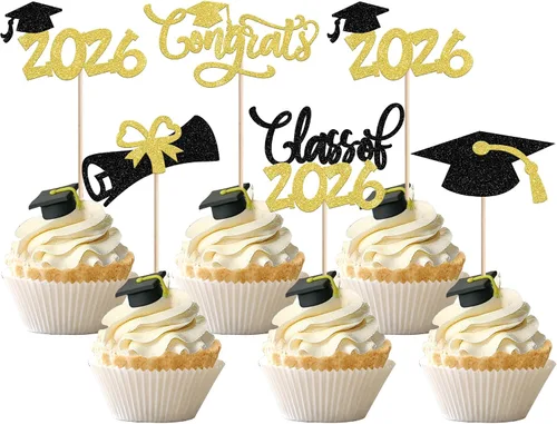 Vista 29 de 30 piezas de decoración para cupcakes de graduación para la clase de 2026 con purpurina brillante para el futuro diploma hecho 2026 Felicidades