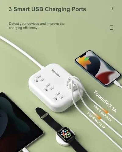 Vista 7 de Adaptador de enchufe de viaje europeo con USB C, adaptador de salida ROOTOMA de EE. UU. a Europa, 3 tomas de corriente, 3 puertos USB, regleta