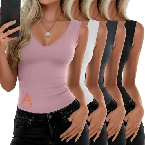 Vista 9 de Paquete de 4 camisetas térmicas sin mangas para mujer, con cuello en V, forro polar, sin mangas, cálido, chaleco de capa base
