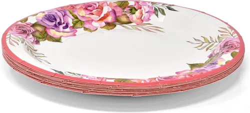 Vista 5 de Gift Boutique Juego de 96 piezas de suministros de fiesta de flores rosas y moradas, platos de papel, servilleta para niña, baby shower, té