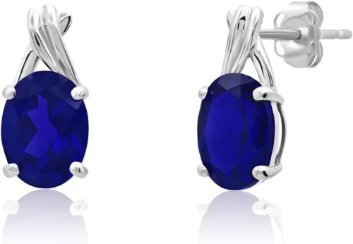 Vista 7 de 14K Yellow or White Gold 8x6mm Gemstone Oval Drop Stud Earrings for Women Azul zafiro creado