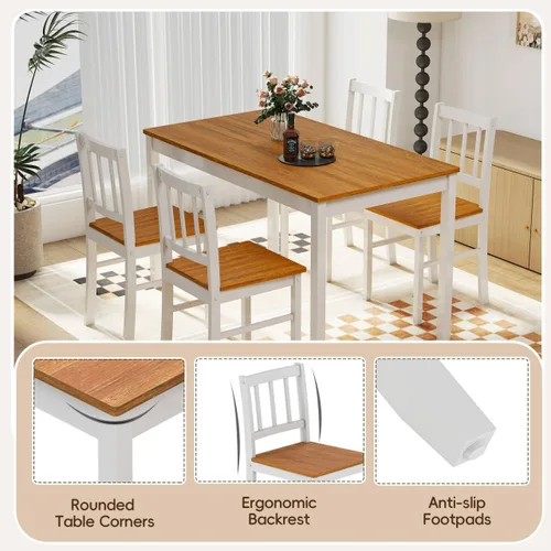 Vista 4 de Juego de mesa de comedor de 5 piezas para 4, juego de mesa de cocina rectangular de madera maciza con 4 sillas, juego de comedor de madera que
