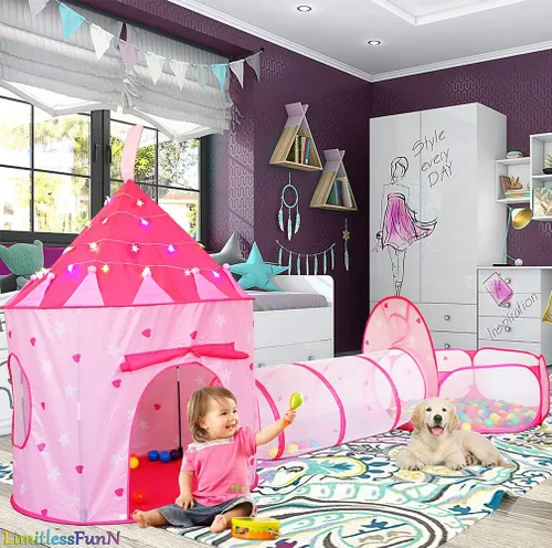 Vista 2 de Tienda de campaña para niños, túnel de gateo, pozo de pelotas y luces, casa de juegos para niños, rosa