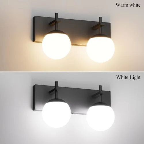 Vista 2 de Ralbay Lámpara de pared de baño negra mate, 2 luces, iluminación moderna de mediados de siglo, luz de tocador de globo de vidrio lechoso negro