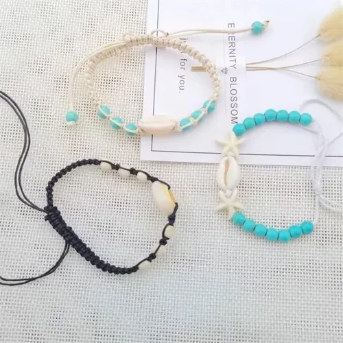 Vista 3 de Aonklot Pulsera de estrella de mar para mujer, pulsera de concha de puka, pulsera de cuentas azules, pulsera de estrella de mar ajustable