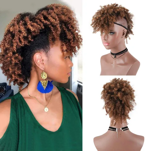 Vista 17 de Aisaide Cola de caballo afro Mohawk alta con flequillo sin cordón, extensión de cola de caballo corta rizada sin cordón, clip sintético en moño