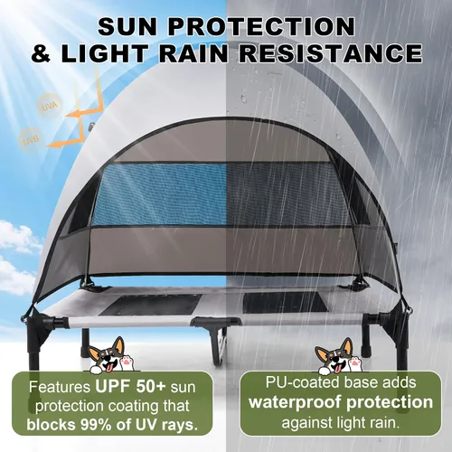 Vista 4 de Cama mediana para perros con toldo UV, catre elevado para perros de hasta 78 libras, tienda de campaña elevada impermeable y resistente a