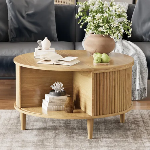 Vista 3 de Mesa auxiliar con tapa elevable y almacenamiento, mesa central redonda acanalada con puerta de armario deslizante, mesa pequeña circular para sala