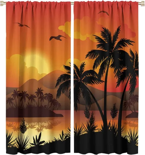 Vista 30 de Cortinas de playa con estampado de plantas tropicales y árboles de coco, paisaje natural, con bolsillo para barra, 2 paneles, decoración