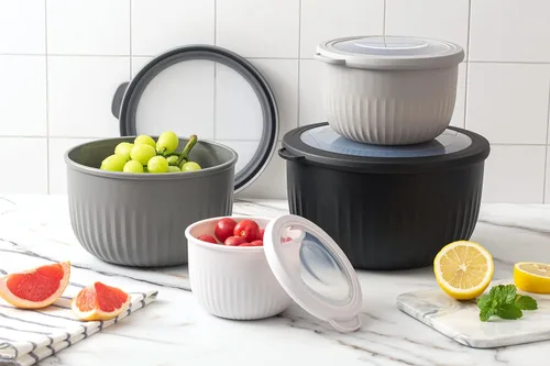 Vista 6 de COOK WITH COLOR Kitchen Essentials - Juego de tazones para mezclar con tapas y 3 tablas de cortar gruesas en blanco y negro