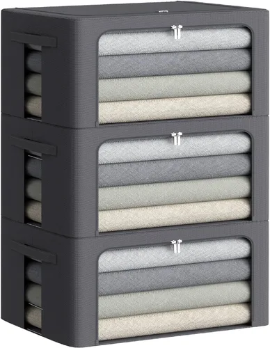 Vista 10 de Paquete de 3 cajas de almacenamiento con marco, bolsas de almacenamiento de ropa, tela Oxford, plegable, apilable, juego organizador con ventana