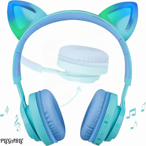 Vista 2 de Riwbox Kids Headphones, CT-7S Cat Ear Bluetooth Headphones with LED Light, 85dB Volume Limiting, Over Ear with Microphone for Laptop/PC/TV