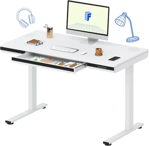 Vista 10 de FLEXISPOT Comhar - Escritorio de pie eléctrico de cristal puro con cajones, escritorio y puertos de carga USB, escritorio ergonómico de altura
