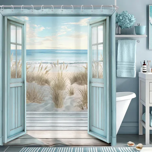Vista 19 de Riyidecor Cortina de ducha con diseño de tortuga marina, playa, océano, náutico, versículo bíblico náutico, pez azul cristiano, conchas marinas