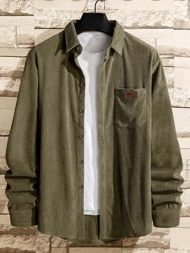 Vista 2 de Comdecevis Camisa de pana para hombre, manga larga, acanalada, con botones y bolsillo en el pecho