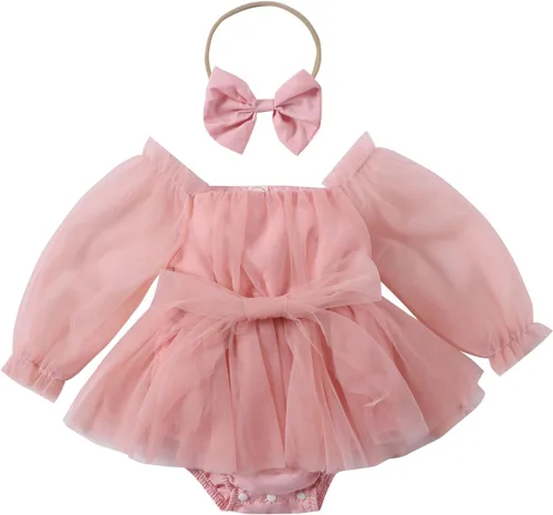 Vista 20 de IDOPIP Conjunto de 2 piezas para bebé recién nacido, con diadema, bordado de flores, tutú, princesa, fiesta de cumpleaños, conjunto de ropa