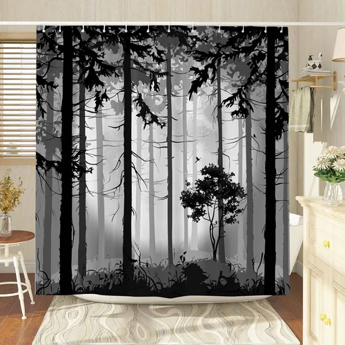Vista 2 de Cortina de ducha de luna llena de bosque brumoso, árbol blanco y negro, niebla, abstracto, gótico, naturaleza, gris, granja, tela de poliéster