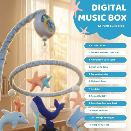 Vista 9 de Ocean Baby Mobile para cuna, cuna móvil con música, criaturas marinas