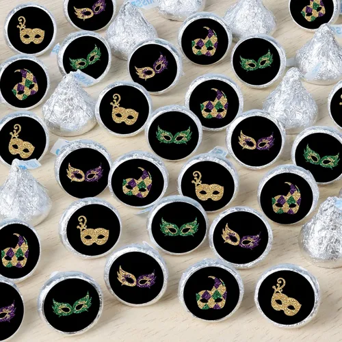 Vista 6 de Big Dot of Happiness Mardi Gras - Calcomanías redondas para fiesta de máscaras, etiquetas para dulces de chocolate (1 hoja de 108)