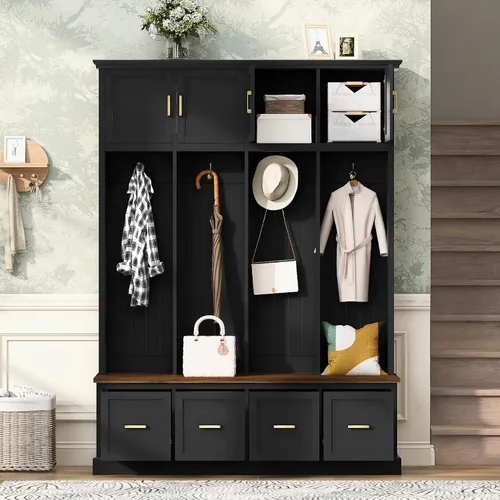 Vista 16 de JIVOIT Farmhouse Wood Hall Tree with Coat Hooks, Cabinets, 4 Drawers, Hooks (Ancient White/ 091)