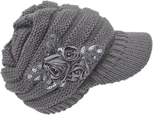 Vista 80 de C-US - Gorro de punto cálido para mujer, con visera de ganchillo con acento de flores