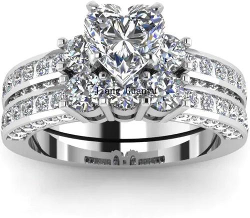 Vista 6 de LOVERSRING Juego de 3 anillos para parejas para él y para ella para mujer chapado en oro blanco corazón y titanio anillo de boda