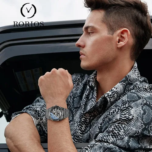 Vista 2 de RORIOS Reloj de negocios para hombre, reloj mecánico automático, reloj luminoso con correa de acero inoxidable, reloj de pulsera de cuerda automática