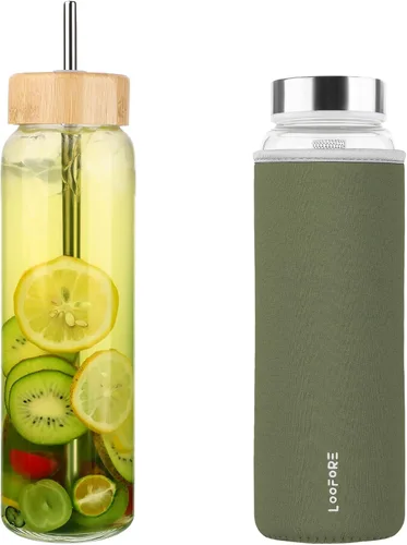 Vista 8 de Botella de agua de vidrio de 32 onzas con popote, reutilizable, ecológica, sin bisfenol A, botellas de agua de vidrio de borosilicato con 2 tapas