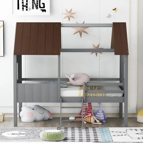 Vista 3 de Quarte Fun House - Cama con techo y dos ventanas laterales, cama baja de madera tamaño individual con escaleras pequeñas y barandilla, para niños