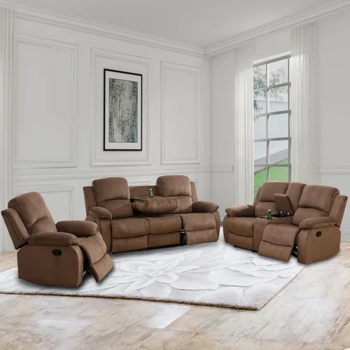 Vista 16 de Juego de muebles de sala de estar, juego de sofá reclinable de cuero, sofá reclinable y sofá biplaza, juego de sofá de cuero beige, juego de muebles