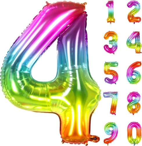 Vista 8 de Globo numérico, globos numéricos gigantes de 40 pulgadas para decoraciones de cumpleaños arco iris, globos numéricos grandes de 0 de mylar