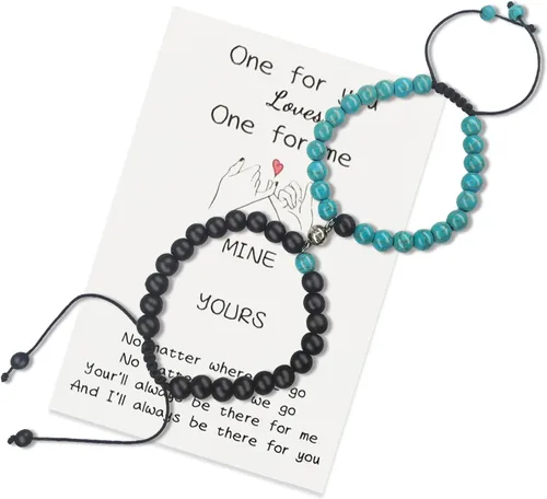 Vista 31 de 2 pulseras magnéticas para parejas, piedra natural negra mate, cristal para votos de amor eterno, juego de pulseras de cuentas de piedra de energía