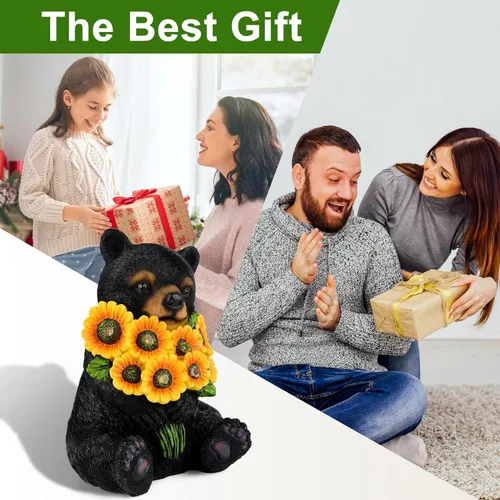 Vista 5 de Luces solares de jardín para exteriores, estatuas de oso negro con girasoles, decoración de escultura, regalos de madre para mujeres, hombres