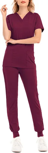 Vista 4 de Conjunto médico clásico para mujer, color liso, cuello en V, camiseta médica y pantalones deportivos para enfermera, con bolsillos