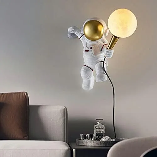 Vista 3 de Aplique de pared LED, estilo astronauta, aplique de pared LED de resina para niños, lámpara de pared blanca de dibujos animados para niños