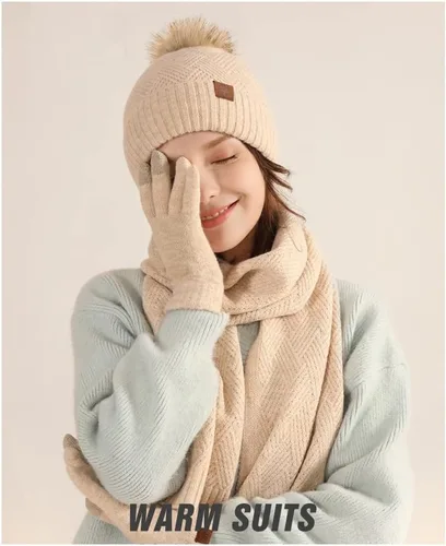 Vista 34 de Bufanda de punto de lana, gorro de esquí, guantes táctiles para invierno, para mujer y hombre
