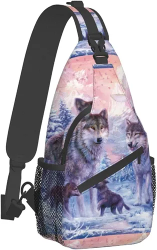 Vista 2 de PSVOD Bolsos cruzados de la familia de los lobos, Bolsos de hombro de los hombres, Mochilas de hombro en el pecho, Bolsos de cintura, Bolsos
