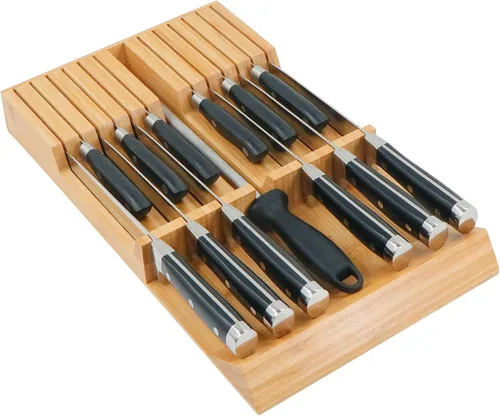 Vista 8 de Utoplike Organizador de cajón para cuchillos Bloque de cuchillos de bambú para cocina, Soporte para bistecs de mango grande, Apto para 9 cuchillos