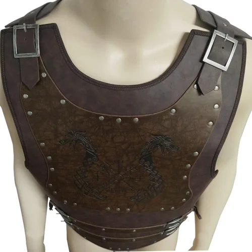 Vista 6 de HiiFeuer Viking Warrior - Armadura de pecho de piel sintética, armadura de cuero retro de caballero, armadura medieval para LARPCosplay