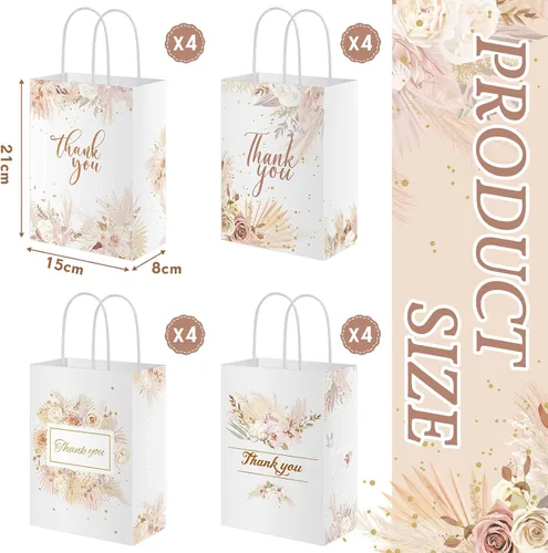 Vista 2 de 16 bolsas de regalo de agradecimiento con diseño floral de 6 x 3 x 8 pulgadas, pequeñas bolsas de papel con asas, bolsas de regalo bohemias