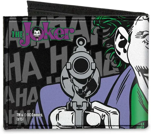 Vista 2 de Buckle-Down Billetera de lona Bi-fold-The Joker Jajajaja Primer plano Pose Bla