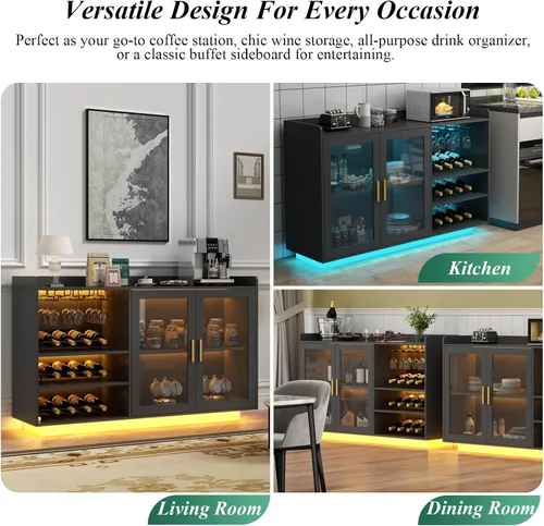 Vista 7 de Gabinete de barra de vino Loomie con luces LED, barra de café flotante con estante de vidrio y estantes de vino removibles, aparador buffet moderno