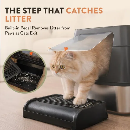 Vista 9 de Caja de arena XL de acero inoxidable para gatos con recinto y rastrillo - Caja de arena negra duradera de metal para gatos grandes, lados altos