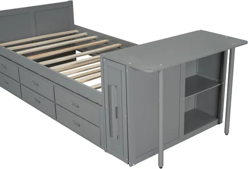 Vista 6 de VilroCaz Cama de plataforma multifunción tamaño twin con escritorio y estante de almacenamiento al final de la cama, marco de cama de plataforma