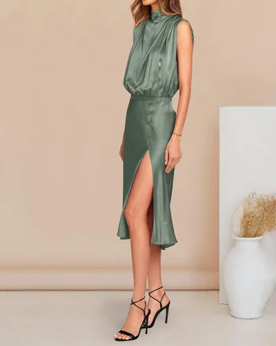 Vista 3 de PRETTYGARDEN Womens 2023 Summer Mock Neck Sleeveless Elastic Waist Slit Midi